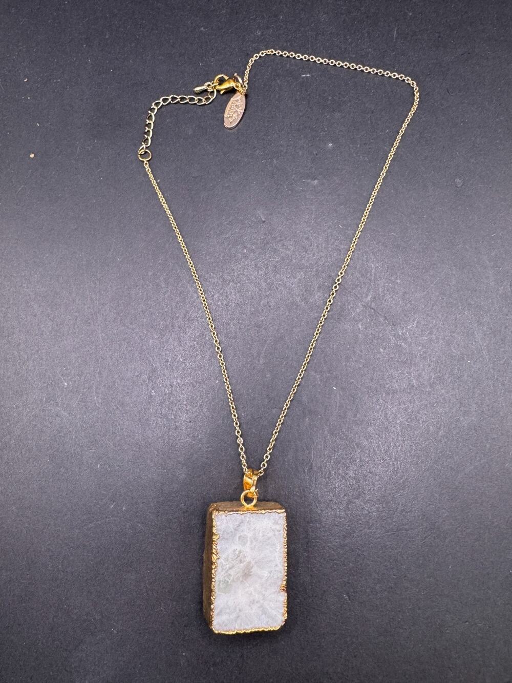 Vintage Raw Moonstone Gold Edge Pendant Gold Tone Chain Necklace Signed